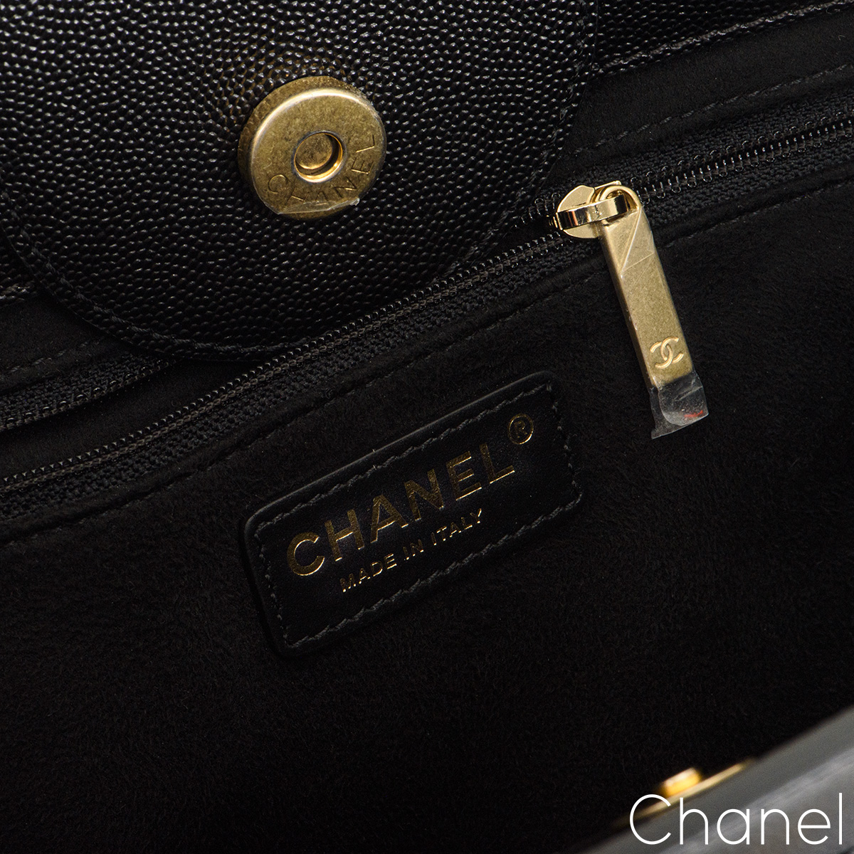 Chanel Small Studded Deauville Tote Navy Caviar Aged Gold Hardware